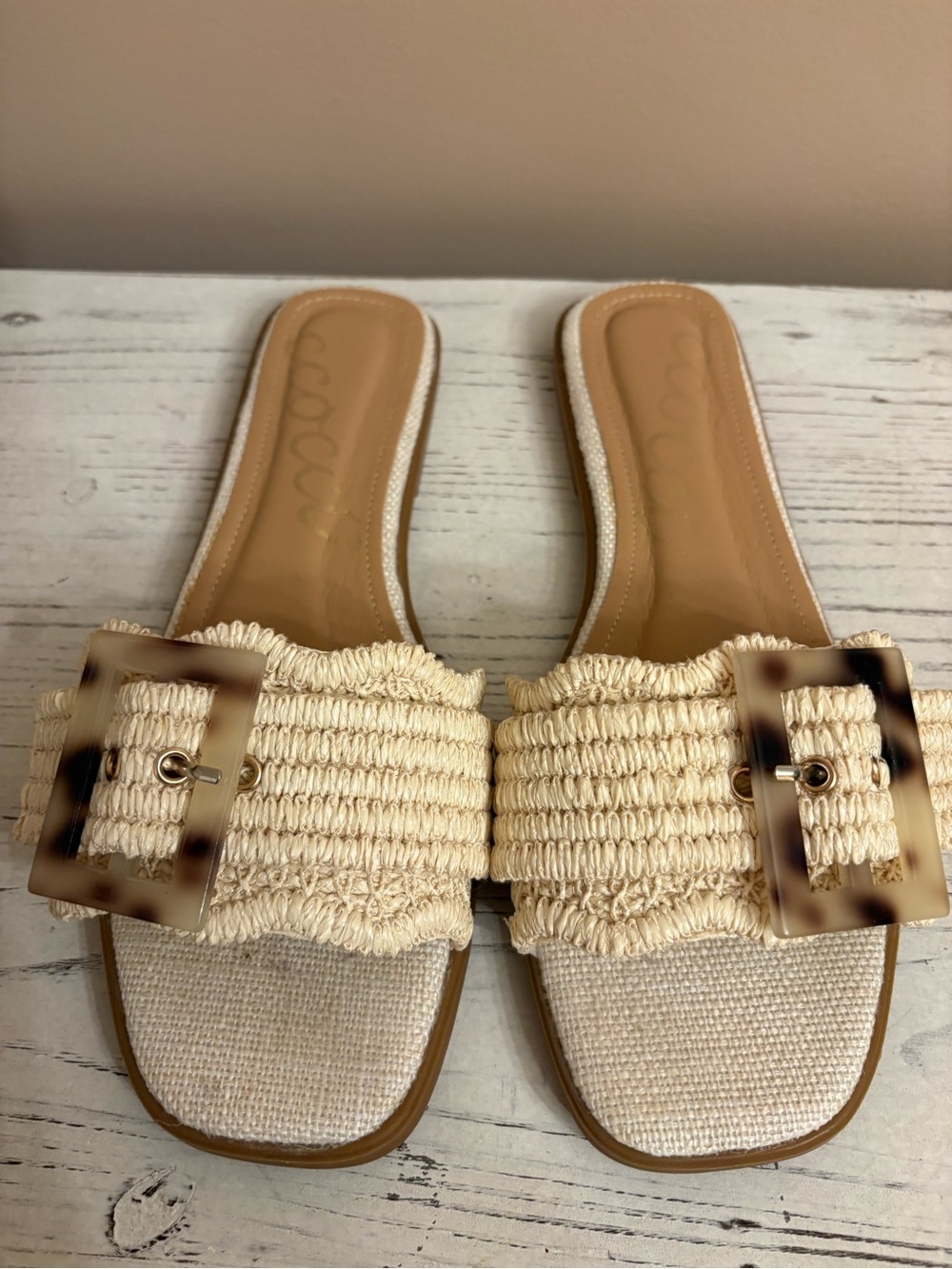 CCOCCI Cream Raffia Slide Sandals with Tortoiseshell Buckle